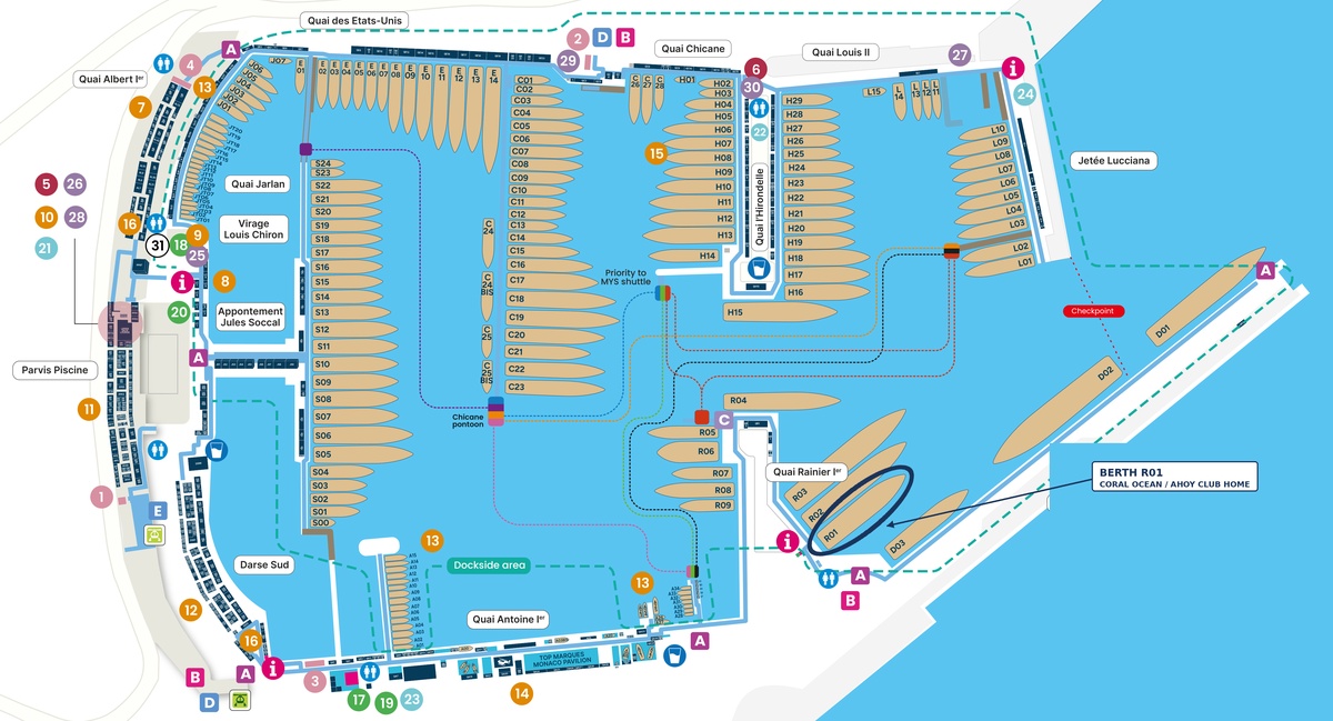 Plan of Port Hercules for the Monaco Yacht Show, with berths and quays labelled and Berth R01 on Quai Rainier Ier highlighted as Ahoy Club's home