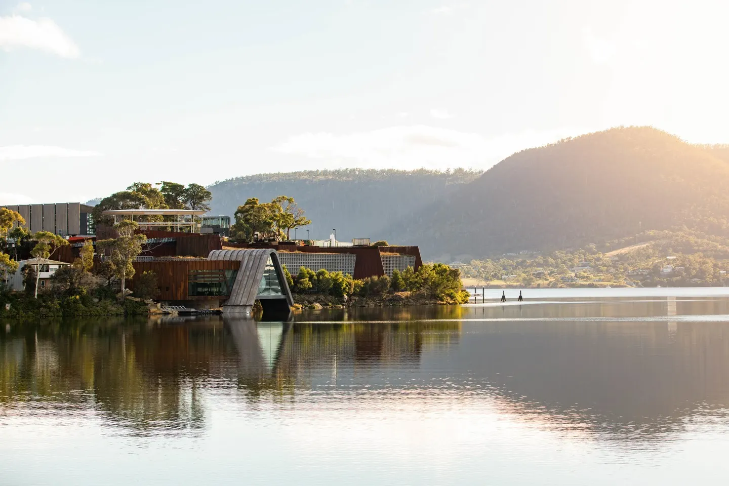 MONA, the Museum of Old and New Art, on the River Derwent in Hobart at sunrise